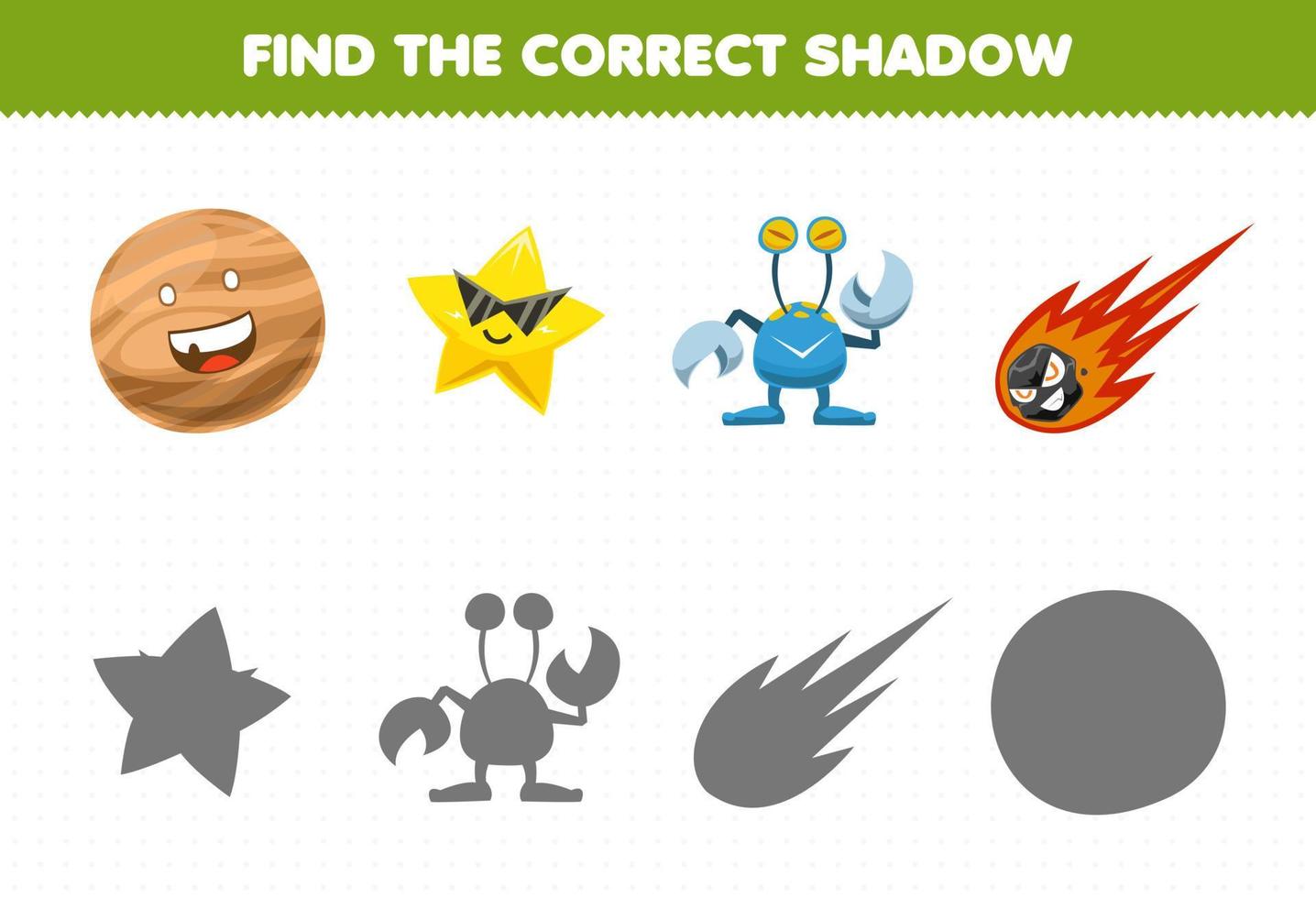 Education game for children find the correct shadow set of cute cartoon solar system planet star alien comet vector