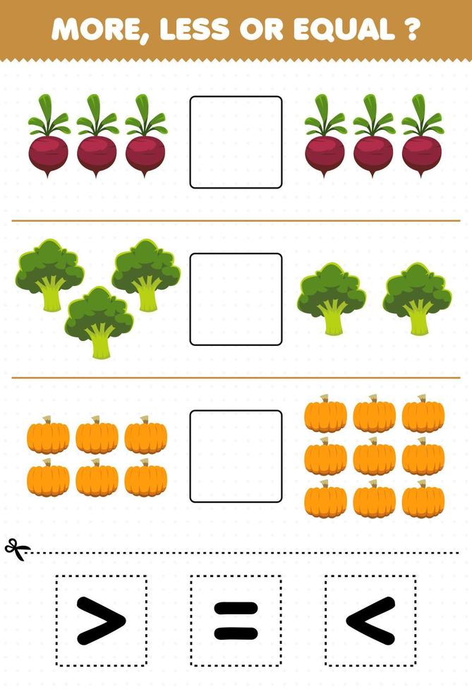 juego educativo para niños más menos o igual contar la cantidad de verduras de dibujos animados remolacha brócoli calabaza luego cortar y pegar cortar el signo correcto vector