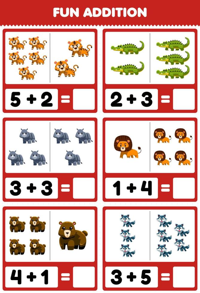 Education game for children fun addition by counting and sum cute cartoon wild animal tiger crocodile rhino lion bear wolf pictures worksheet vector