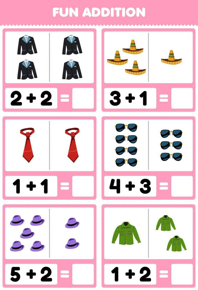 juego educativo para niños suma divertida contando y sumando ropa ponible de dibujos animados traje de esmoquin sombrero corbata gafas de sol fedora franela imágenes hoja de trabajo vector