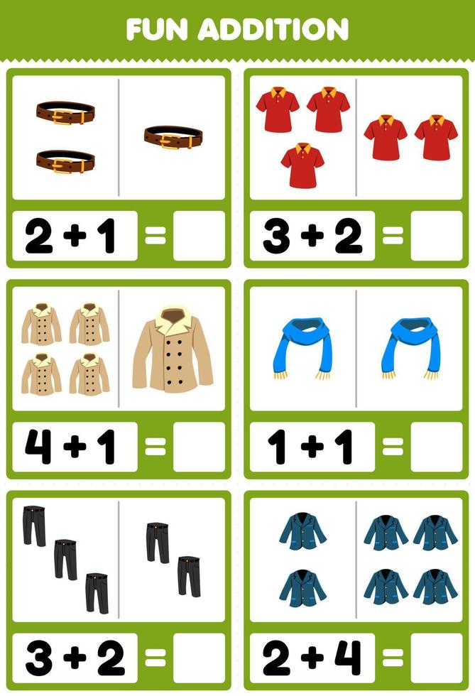 Education game for children fun addition by counting and sum cartoon wearable clothes belt polo shirt coat scarf trouser blazer pictures worksheet vector