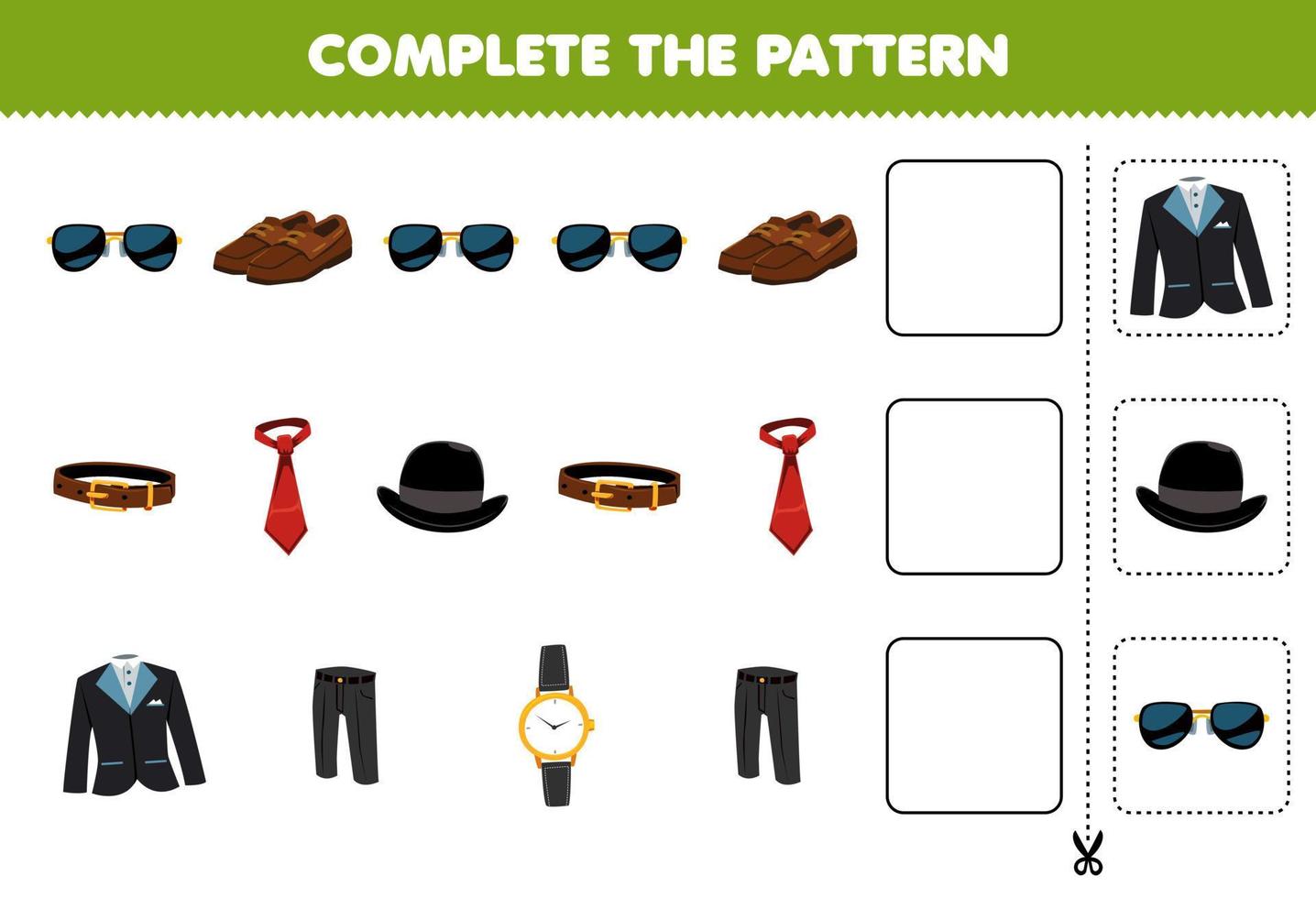 juego educativo para niños completar el patrón pensamiento lógico encontrar la regularidad y continuar la tarea de la fila con dibujos animados ropa ponible gafas de sol zapatos cinturón corbata sombrero esmoquin traje pantalón reloj vector