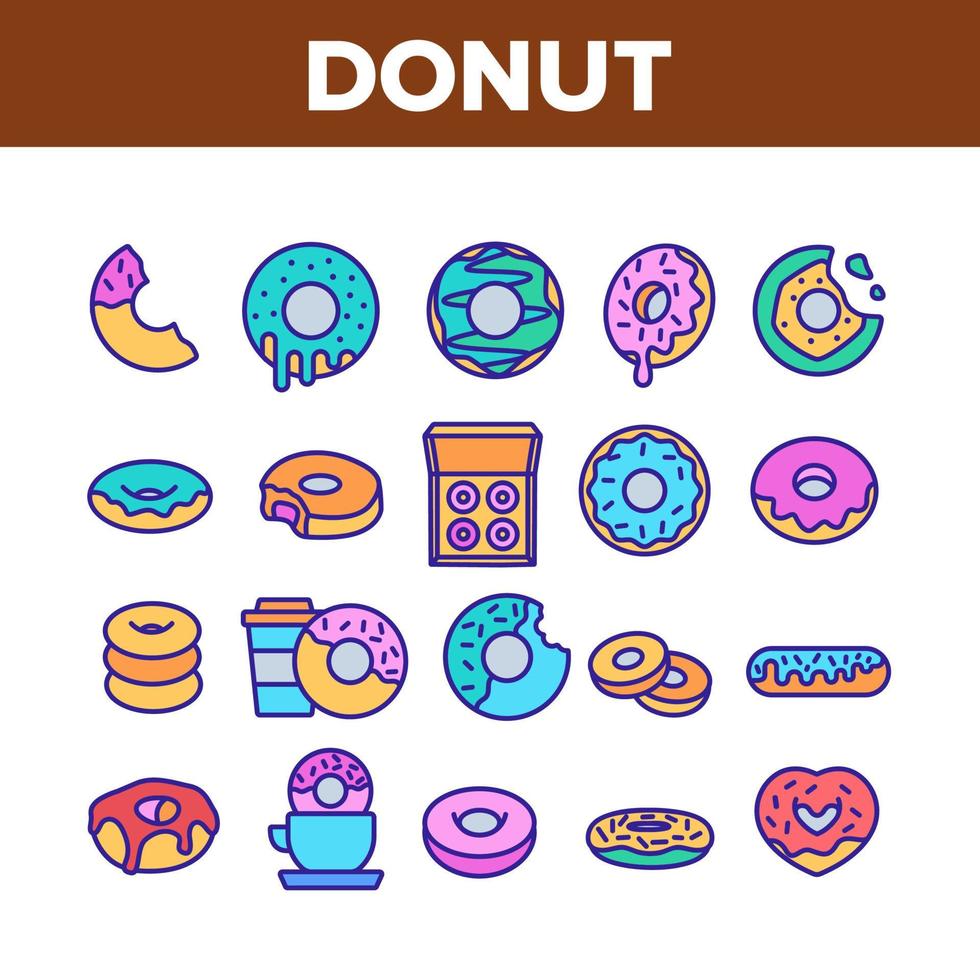 conjunto de iconos de colección de desayuno dulce donut vector