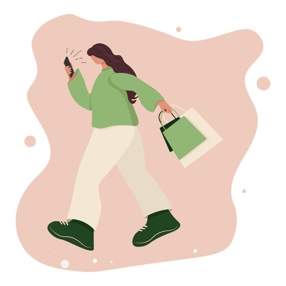 Vector image of a happy girl walking with packages and sharing the joy of shopping.