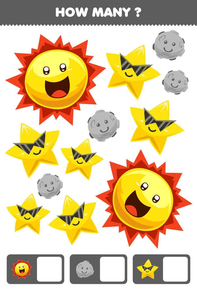 juego educativo para niños buscando y contando cuántos objetos dibujos animados lindo sistema solar planeta sol estrella vector