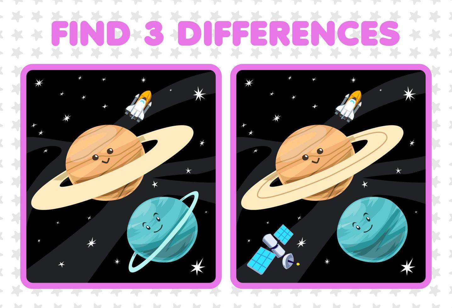 Education game for children find three differences between two cute cartoon solar system saturn uranus planet spaceship satellite vector