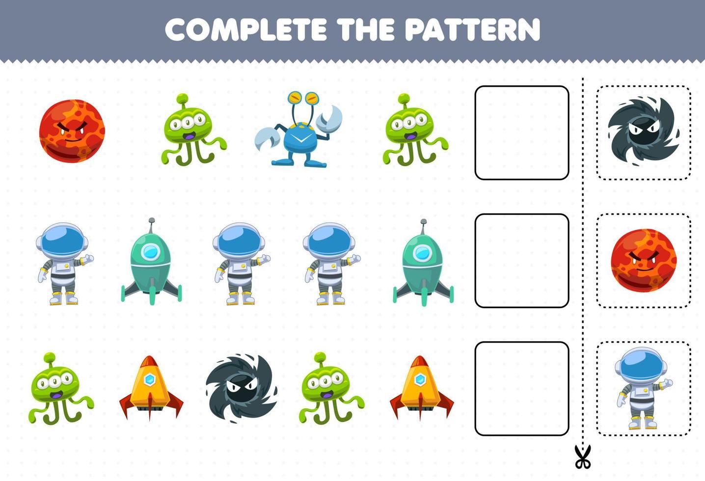 Education game for children complete the pattern logical thinking find the regularity and continue the row task with cute cartoon solar system mars planet alien astronaut rocket black hole vector