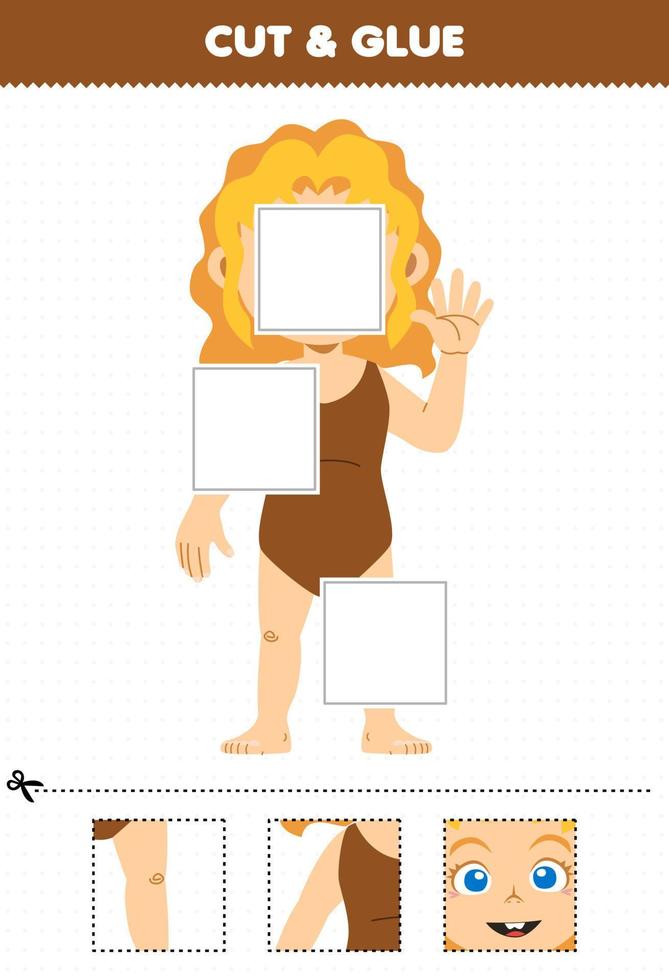 Education game for children cut and glue cut parts of cute cartoon girl anatomy printable worksheet vector