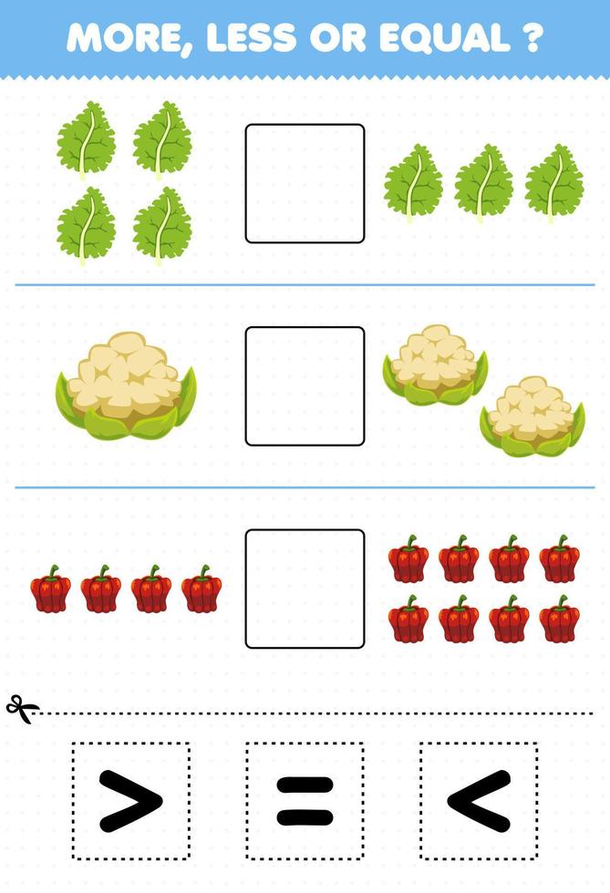 Education game for children more less or equal count the amount of cartoon vegetables kale cauliflower paprika then cut and glue cut the correct sign vector