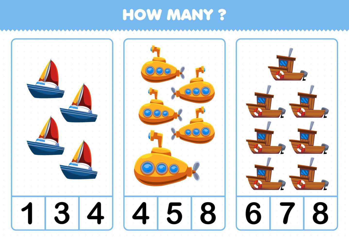 juego educativo para niños contando cuántos dibujos animados agua transporte velero submarino barco vector