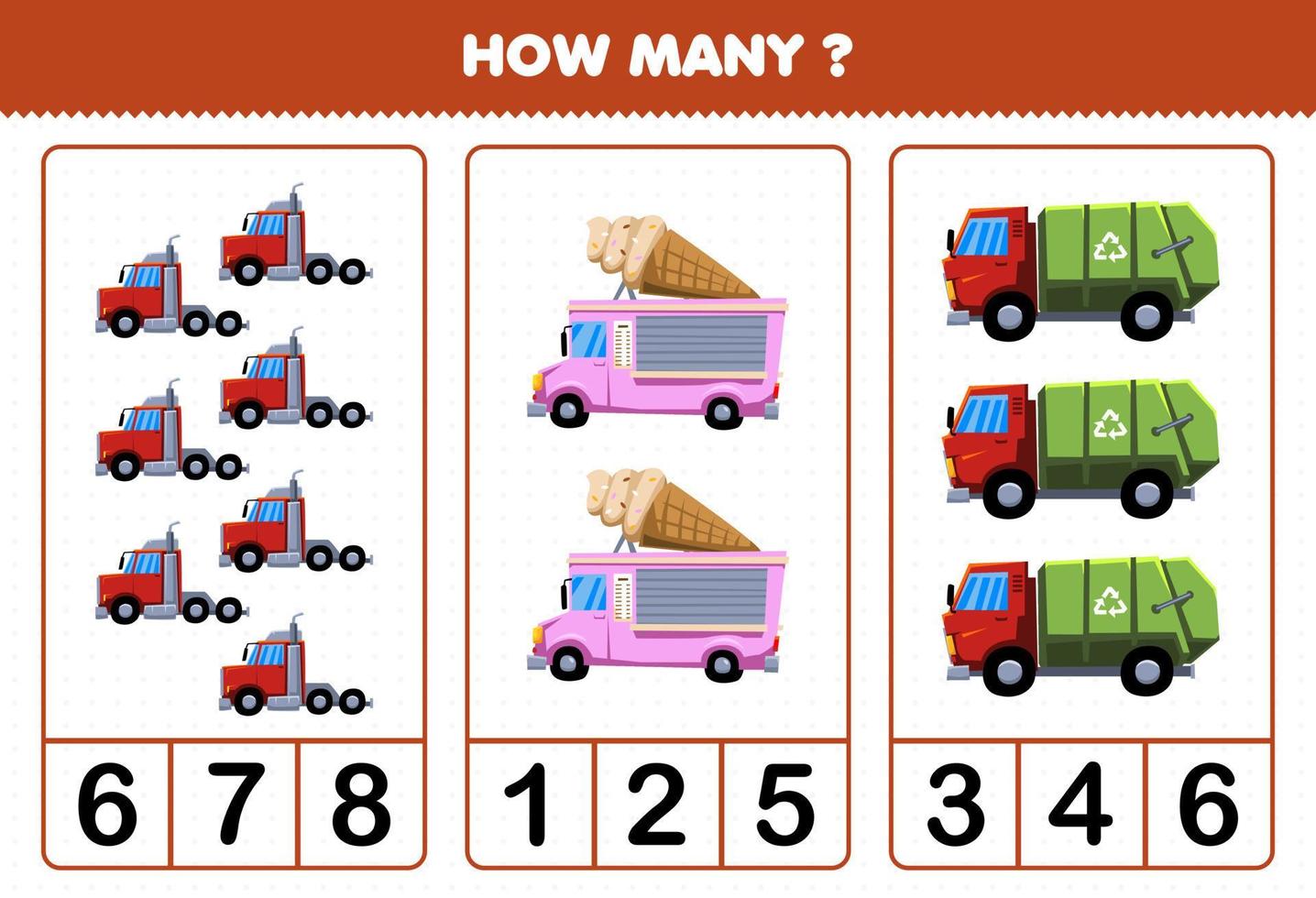 Education game for children counting how many cartoon truck transportation convoy ice cream garbage vector