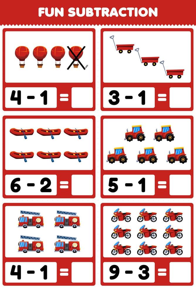 Education game for children fun subtraction by counting and eliminating cartoon red transportation pictures vector