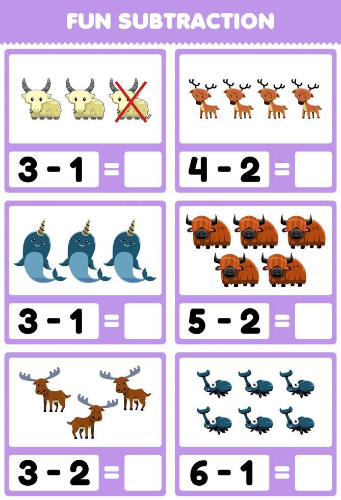 Education game for children fun subtraction by counting and eliminating cute cartoon horn animal pictures vector