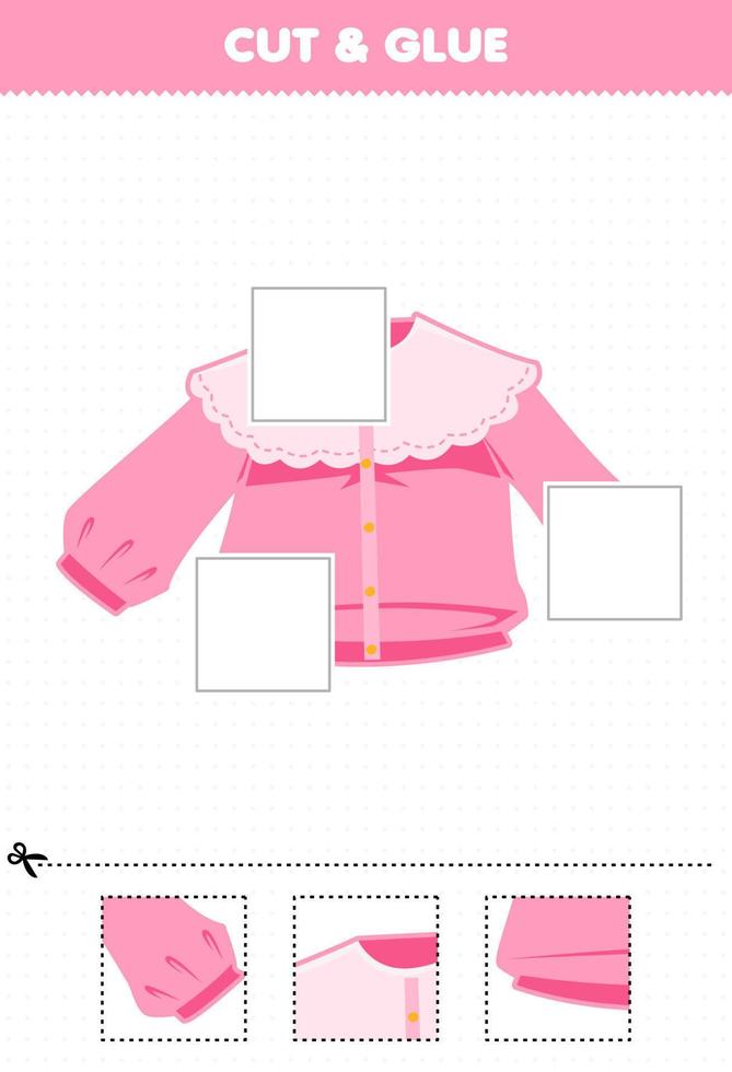 Education game for children cut and glue cut parts of cartoon wearable clothes blouse and glue them printable worksheet vector