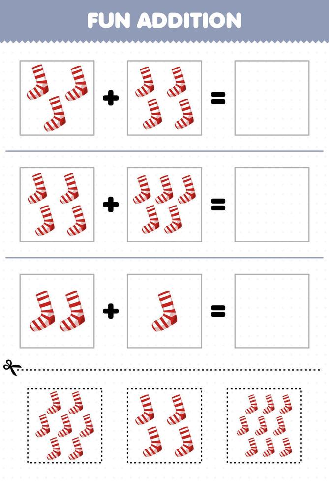 Education game for children fun addition by cut and match cute cartoon wearable clothes sock pictures worksheet vector