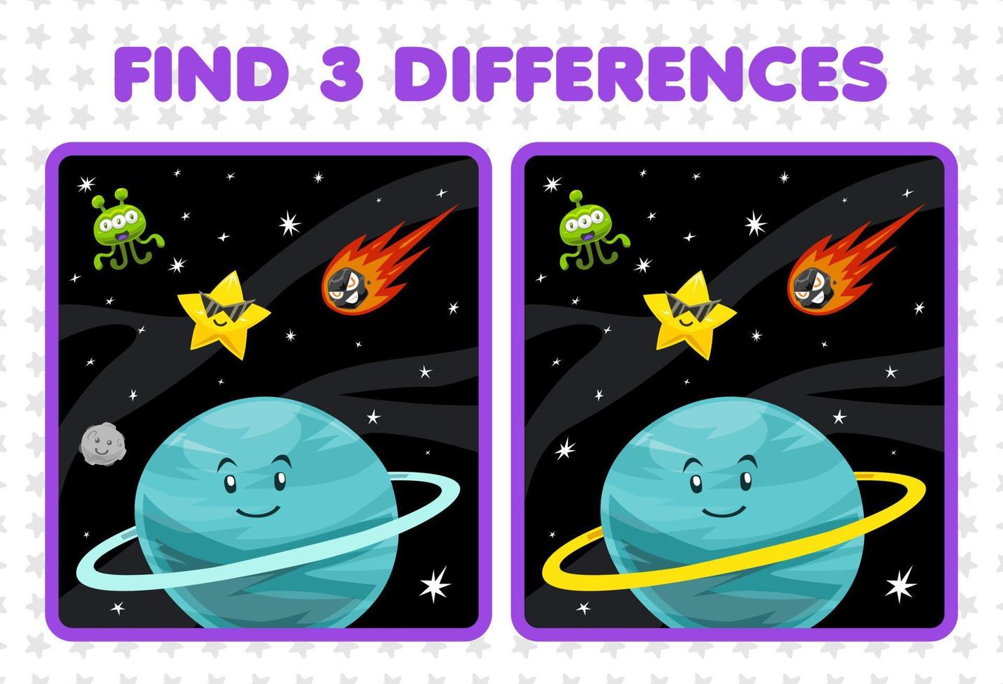Education game for children find three differences between two cute cartoon solar system uranus planet star alien comet vector