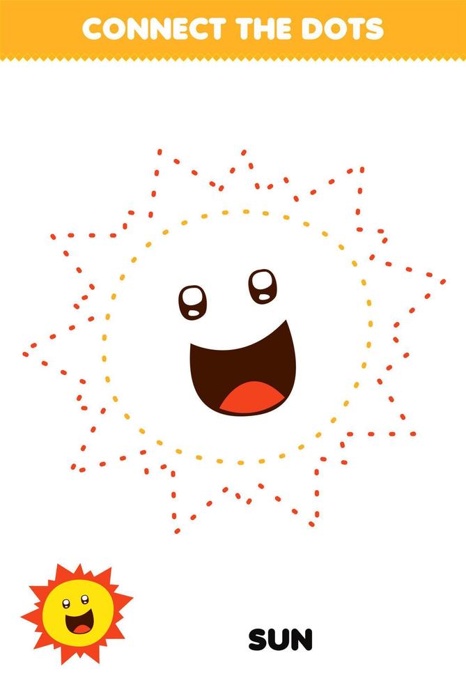 juego educativo para niños conectar la práctica de escritura a mano de puntos con el sol del sistema solar de dibujos animados lindo vector