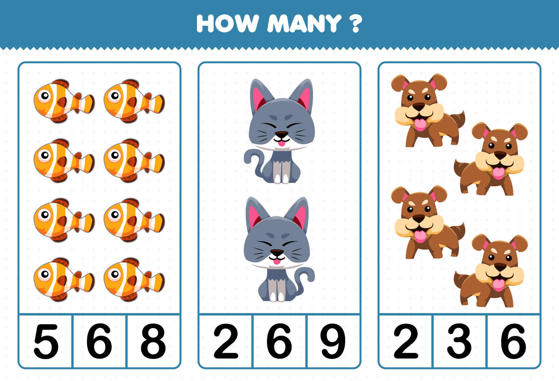 Education game for children counting how many cute cartoon pet animal