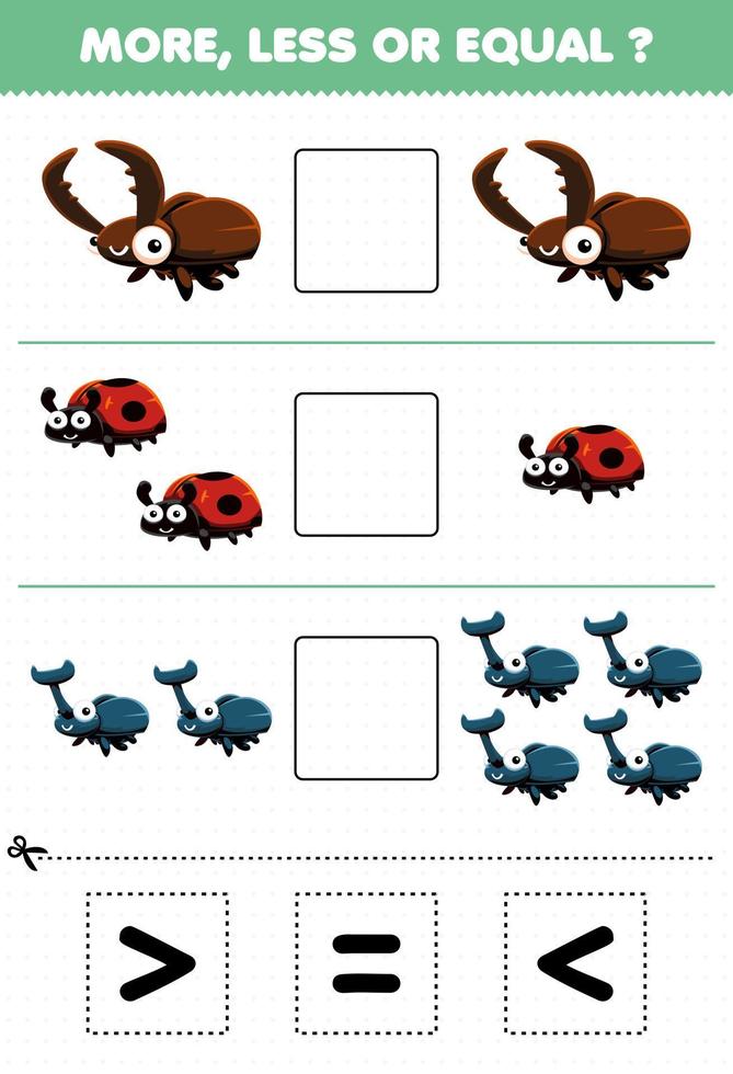 juego educativo para niños más menos o igual contar la cantidad de dibujos animados lindo insecto animal escarabajo mariquita luego cortar y pegar cortar el signo correcto vector