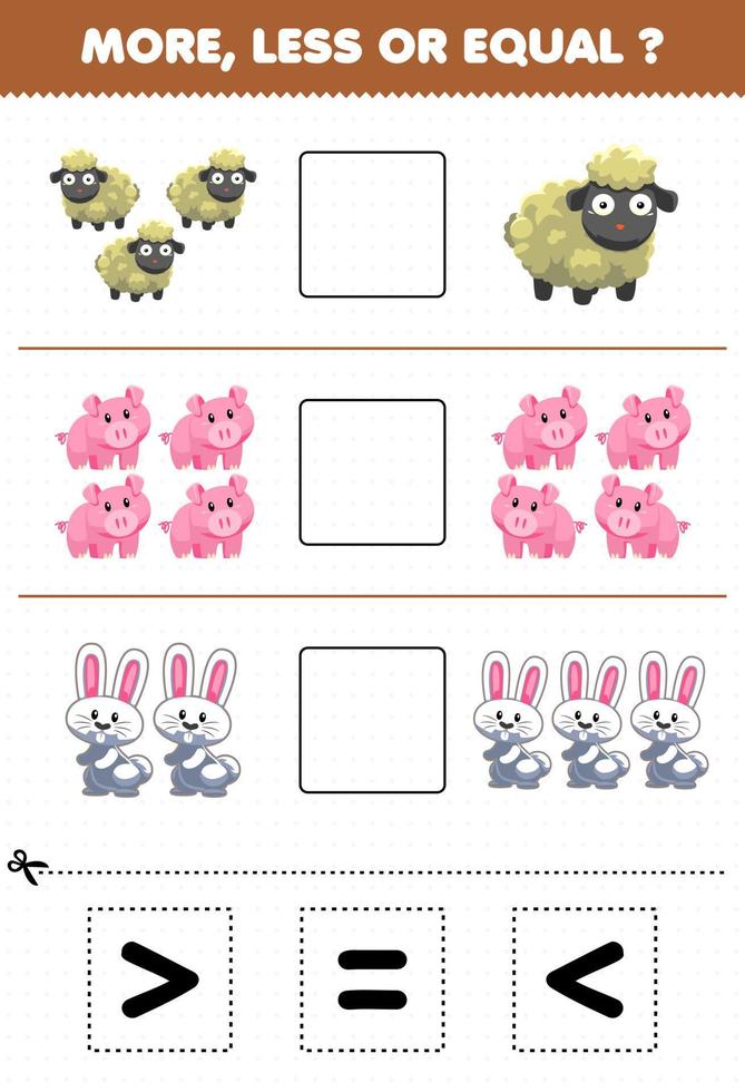 Education game for children more less or equal count the amount of cute cartoon farm animal goat pig rabbit then cut and glue cut the correct sign vector