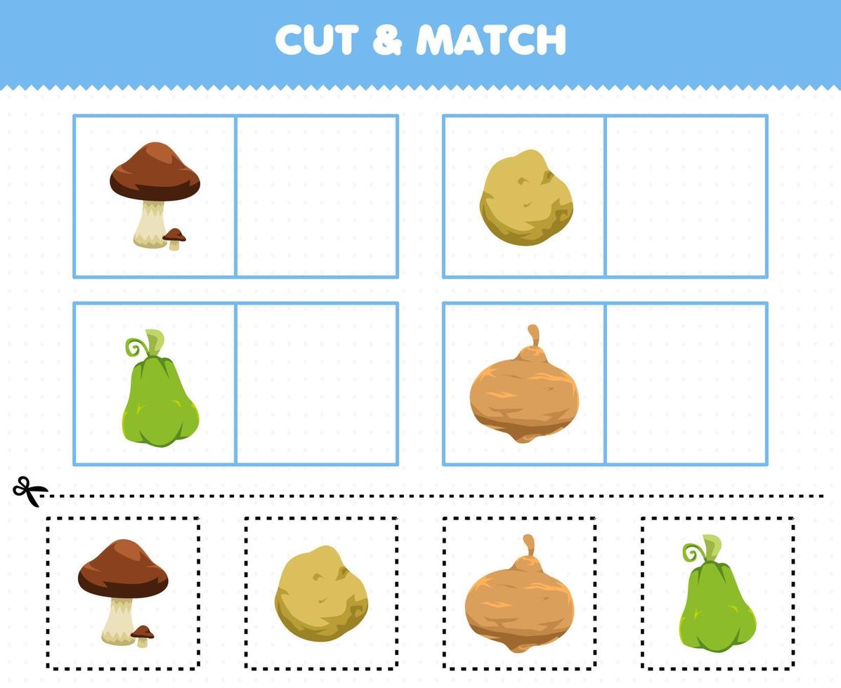 Education game for children cut and match the same picture of cartoon vegetables mushroom potato chayote jicama printable worksheet vector