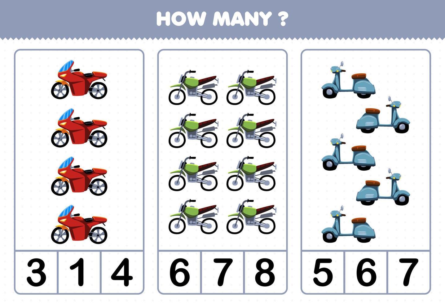 juego educativo para niños contando cuántos dibujos animados bicicleta transporte moto motocross scooter vector