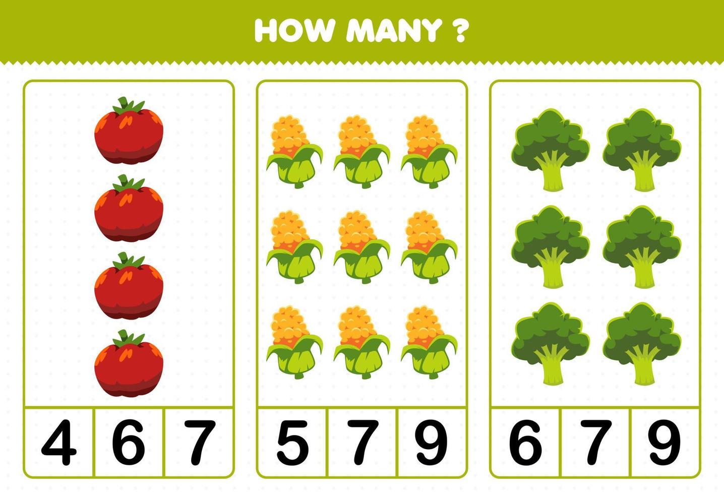 juego educativo para niños contando cuántas verduras de dibujos animados tomate maíz brócoli vector