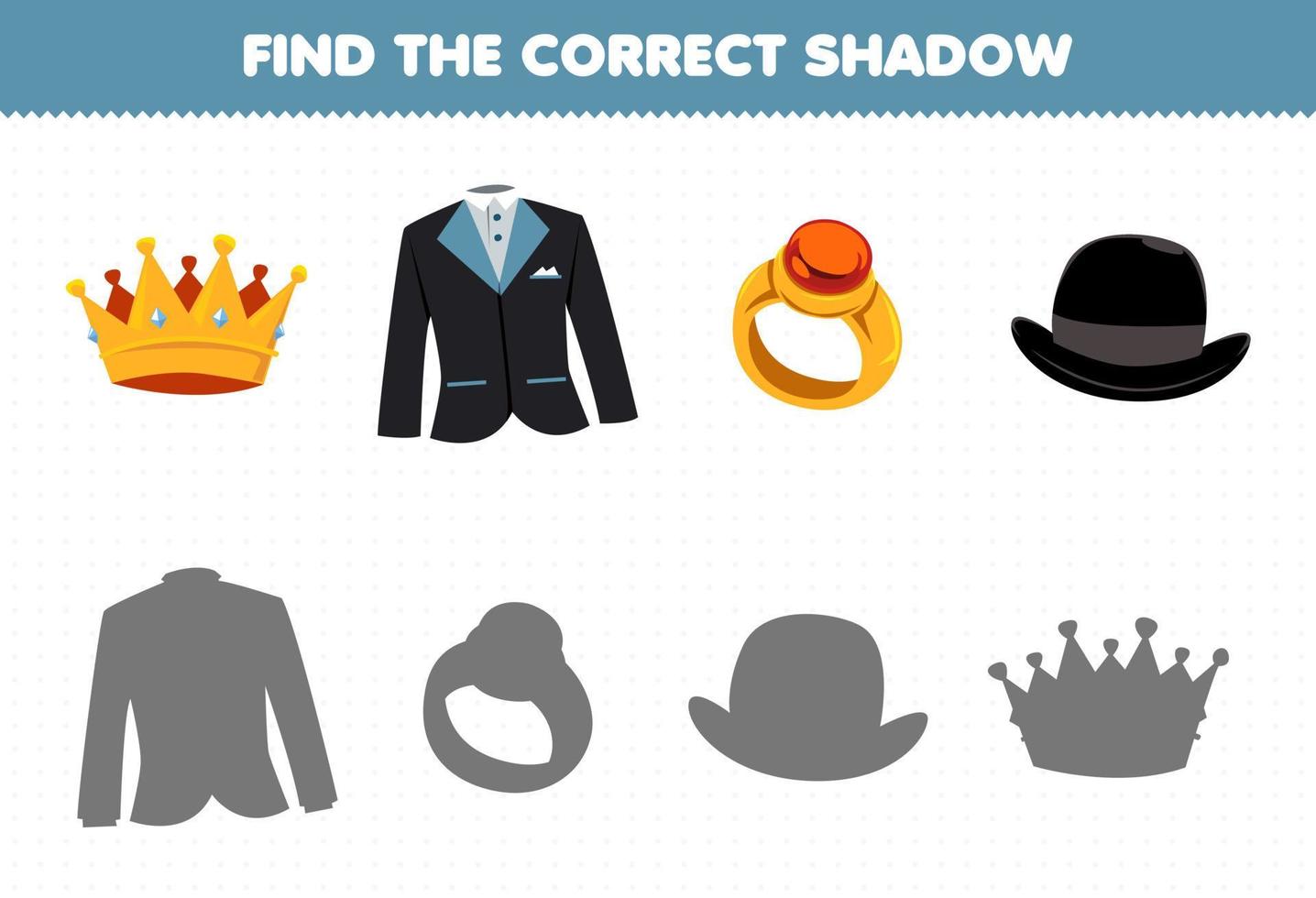Education game for children find the correct shadow set of cartoon wearable clothes crown tuxedo suit ring hat vector