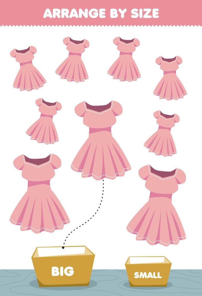 juego educativo para niños ordenar por tamaño grande o pequeño ponerlo en la caja dibujos animados ropa ponible vestido rosa fotos vector