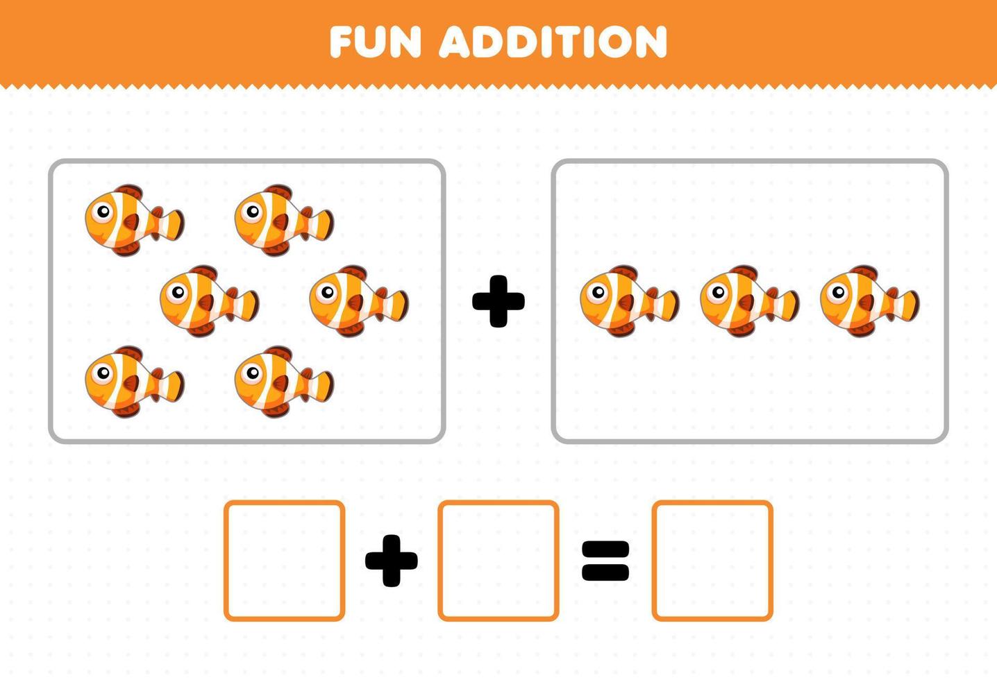 Education game for children fun addition by counting cute cartoon animal clown fish pictures worksheet vector