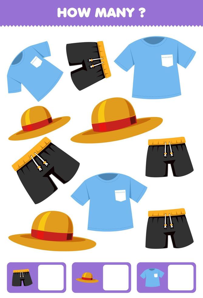 juego educativo para niños buscando y contando cuántos objetos dibujos animados ropa portátil camiseta sombrero pantalón vector