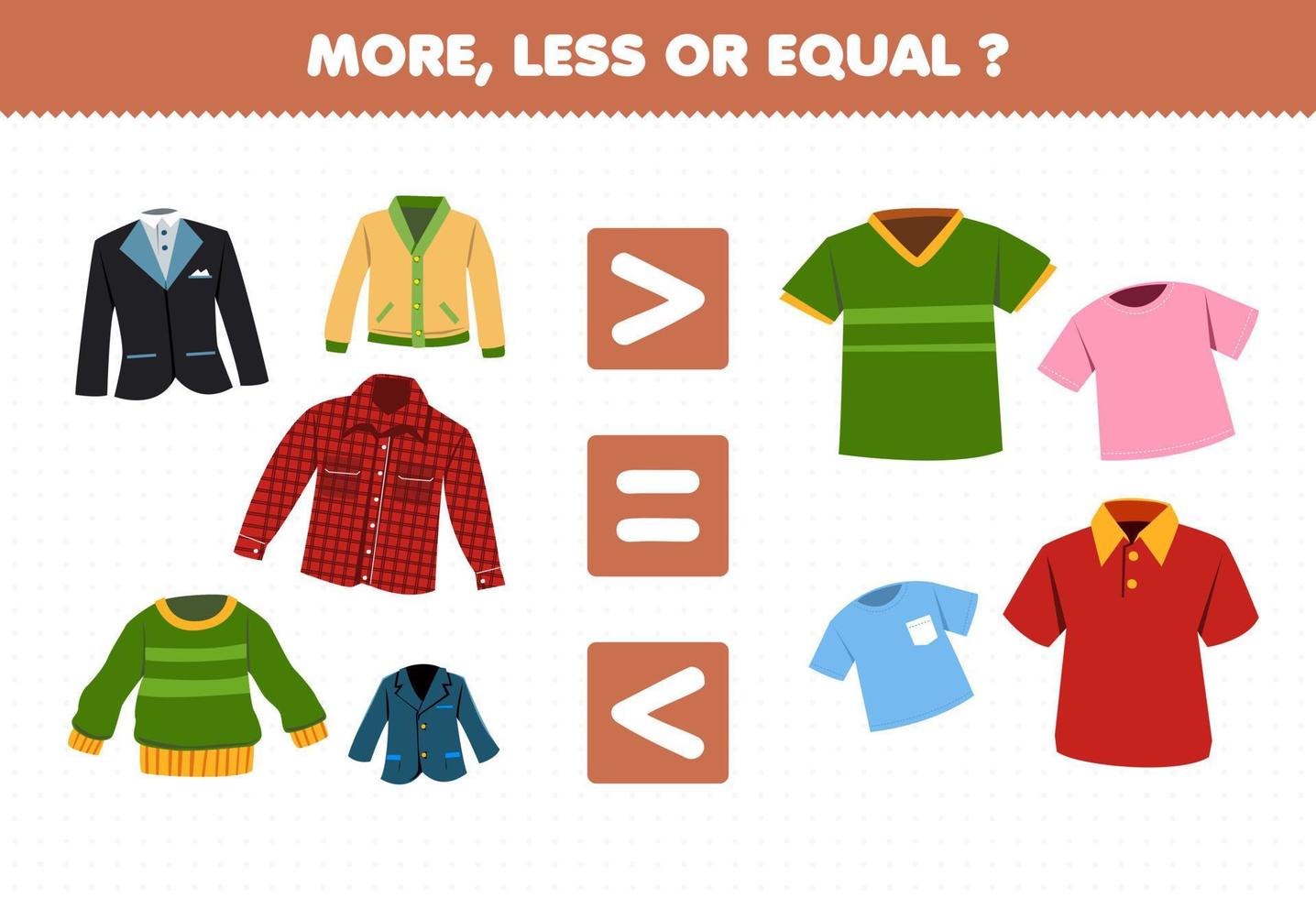 juego educativo para niños más menos o igual cuenta la cantidad de dibujos animados ropa ponible traje de esmoquin cárdigan suéter chaqueta de franela jersey camiseta polo vector
