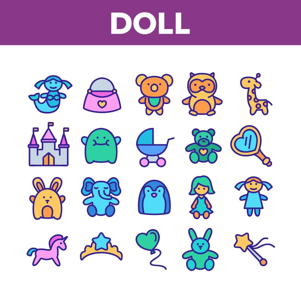 muñeca niños juguetes colección iconos conjunto vector