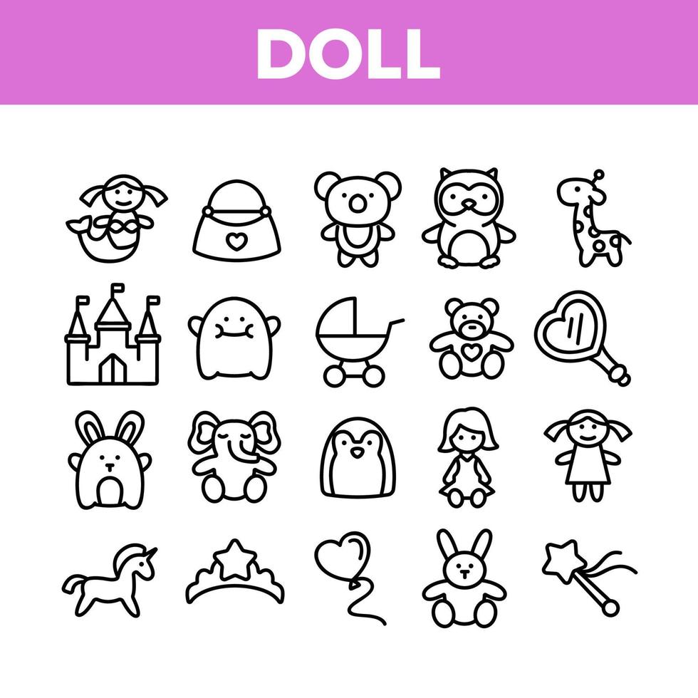 Doll Children Toys Collection Icons Set Vector