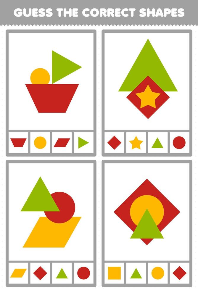 Education game for children guess the correct shapes geometric quiz printable worksheet vector