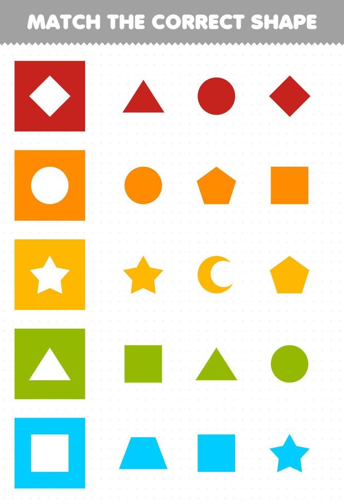 Education game for children match the correct shape geometric printable worksheet vector