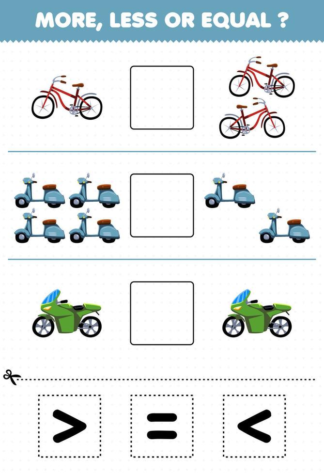 Education game for children more less or equal count the amount of cartoon bike transportation bicycle scooter motorbike then cut and glue cut the correct sign vector