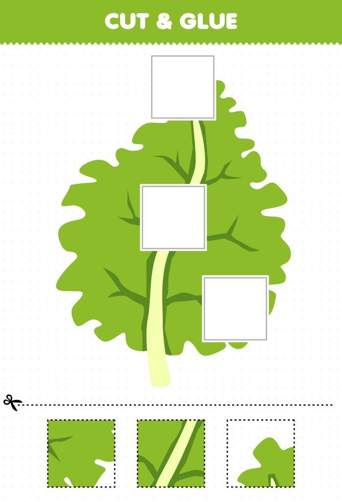 Education game for children cut and glue cut parts of cartoon vegetable kale and glue them printable worksheet vector