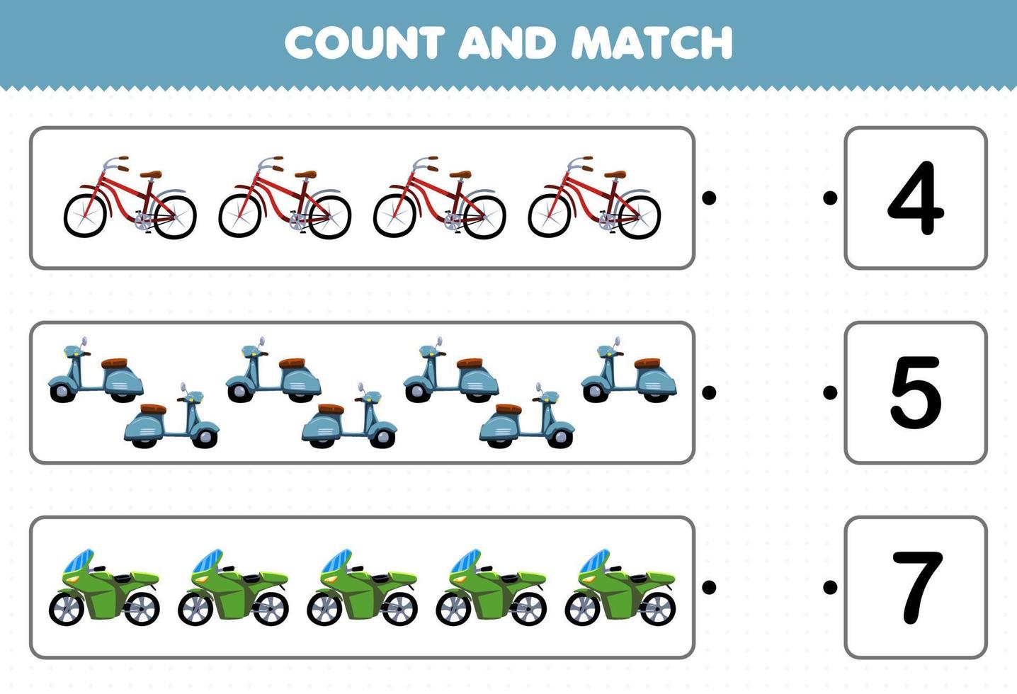 juego educativo para niños contar y combinar contar el número de dibujos animados bicicleta transporte bicicleta scooter moto y combinar con los números correctos hoja de trabajo imprimible vector