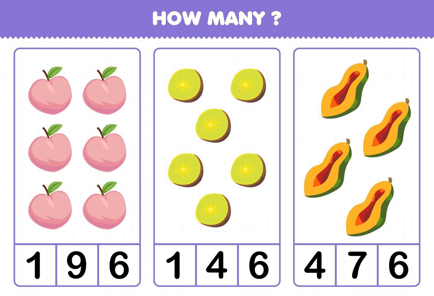 Education game for children counting how many cartoon fruits peach kiwi papaya vector