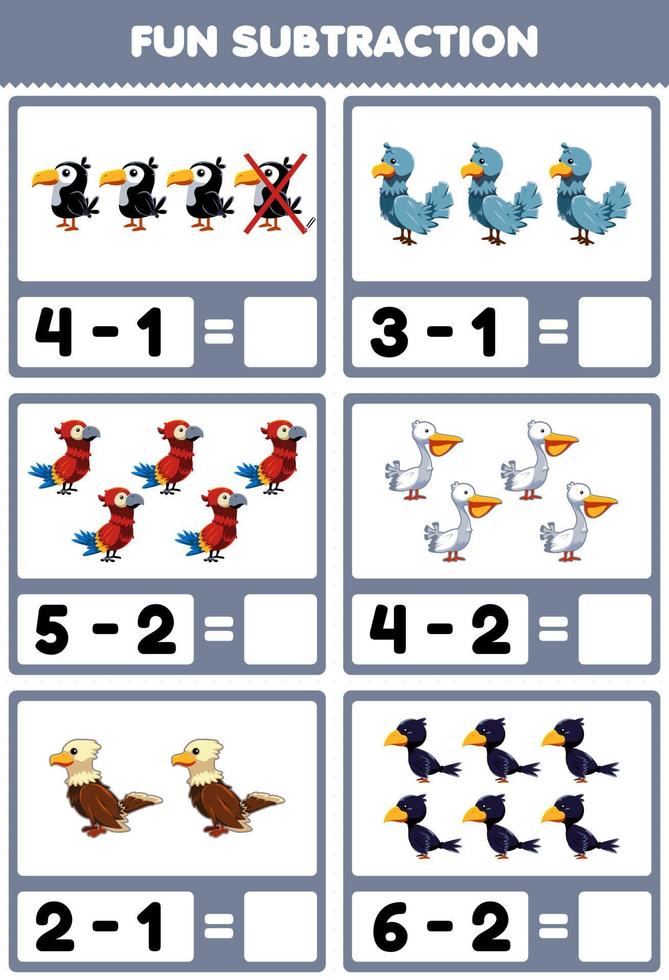 Education game for children fun subtraction by counting and eliminating cute cartoon bird animal pictures vector