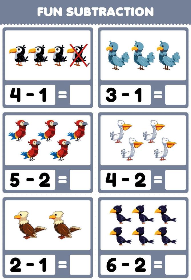 juego educativo para niños diversión resta contando y eliminando imágenes de animales de pájaros de dibujos animados lindos vector