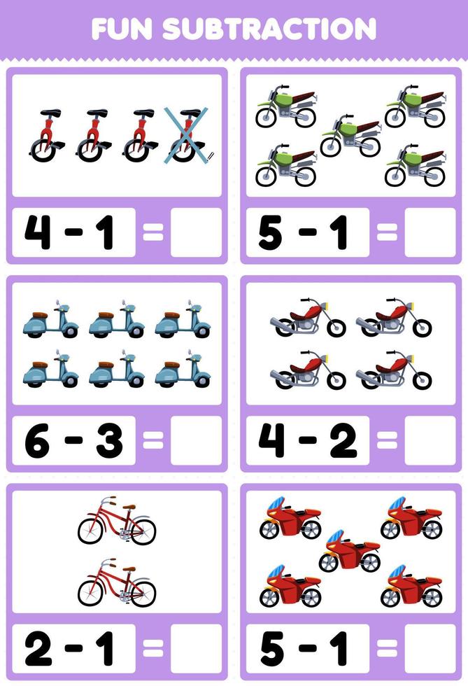 juego educativo para niños diversión resta contando y eliminando imágenes de transporte de bicicletas de dibujos animados vector