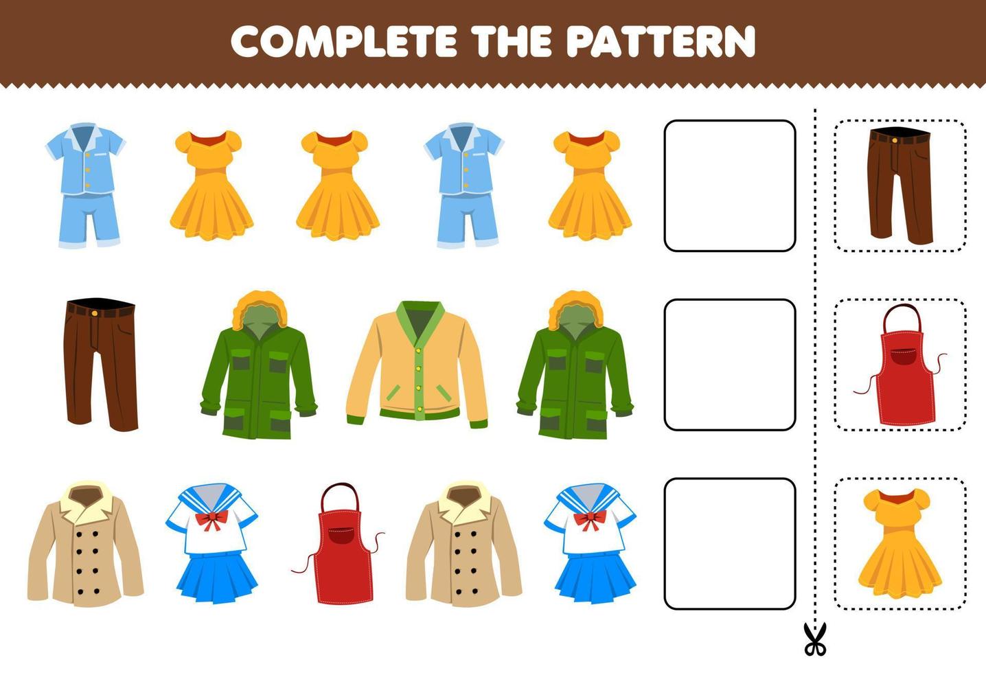 Education game for children complete the pattern logical thinking find the regularity and continue the row task with cartoon wearable clothes pajama dress trouser jacket cardigan coat uniform apron vector