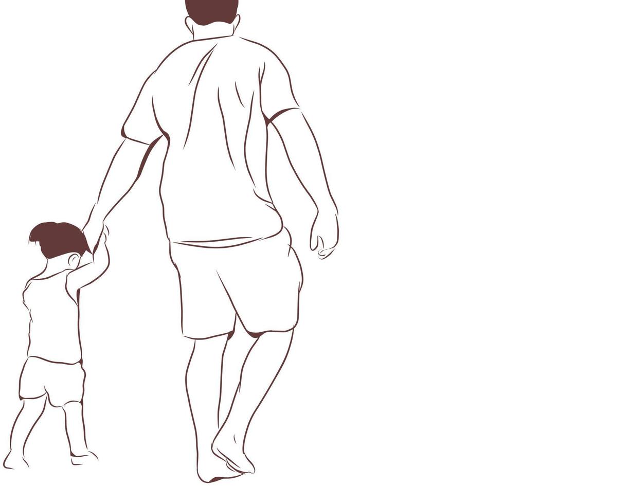 a father is holding a daughter with a line art style. vector