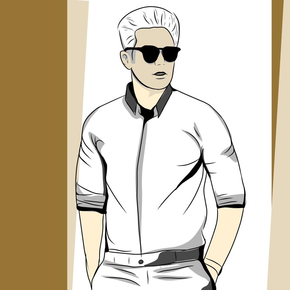 male line art being styled like a model wearing sunglasses. vector