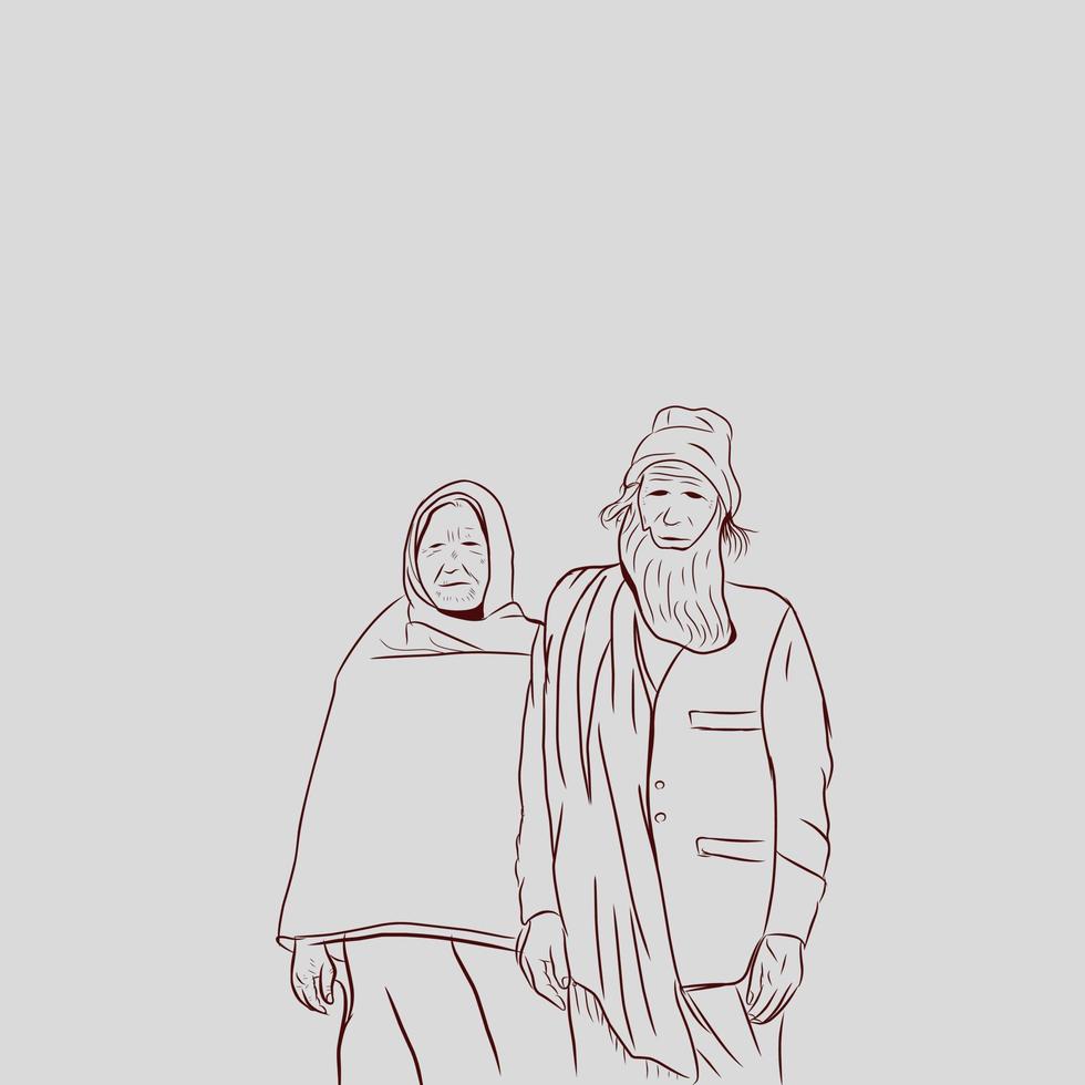 line art of a couple in old age. vector