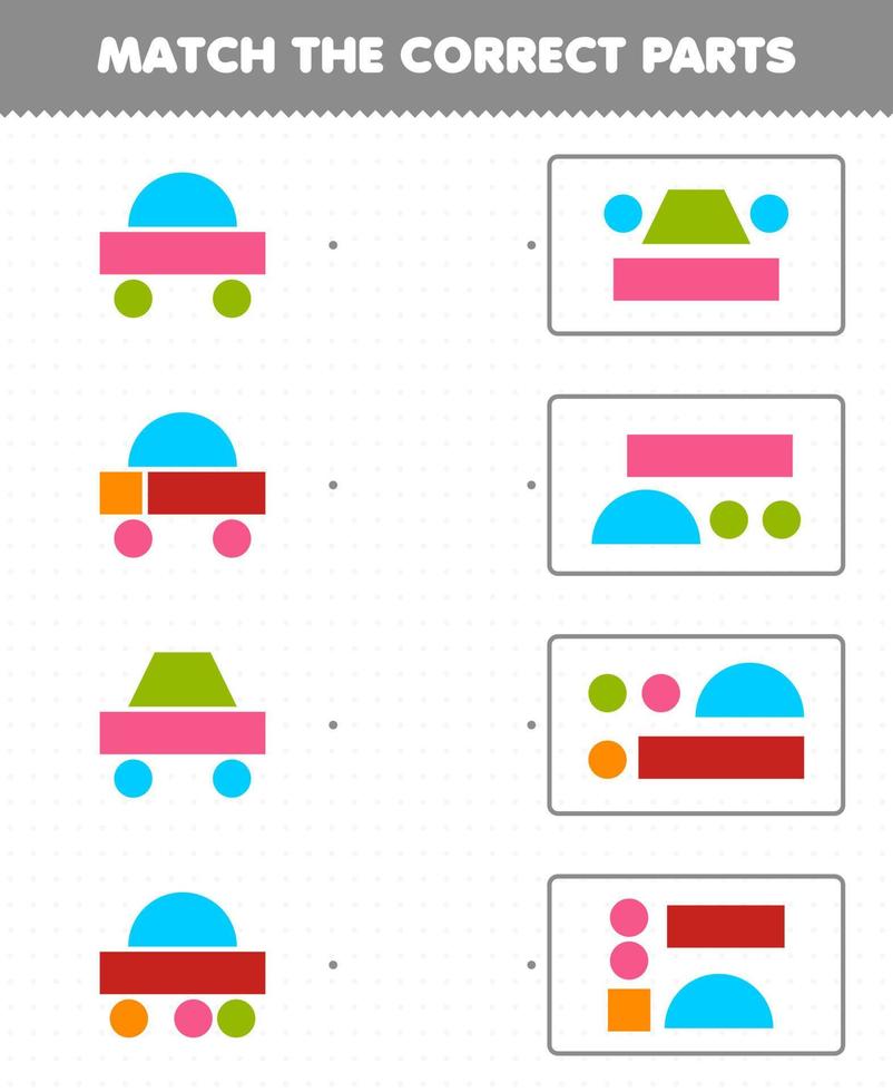 juego educativo para niños unir las partes correctas formas geométricas 10 medio círculo cuadrado trapezoide rectángulo hoja de trabajo imprimible vector