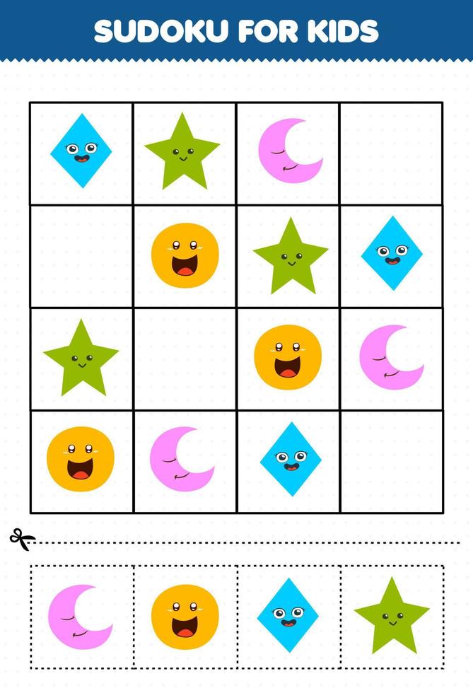 Education game for children sudoku for kids with cute cartoon geometric shape crescent circle rhombus star picture vector