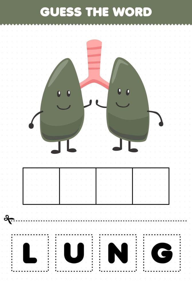 juego educativo para niños adivina la palabra letras practicando dibujos animados lindo órgano interno pulmón vector
